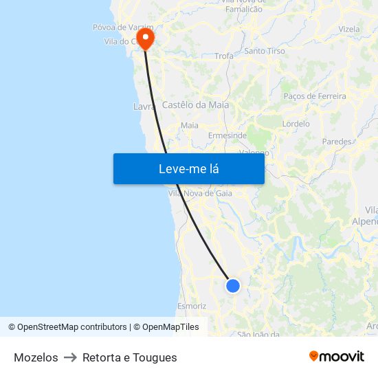 Mozelos to Retorta e Tougues map