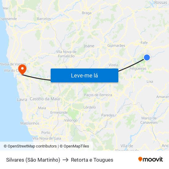 Silvares (São Martinho) to Retorta e Tougues map