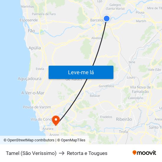 Tamel (São Veríssimo) to Retorta e Tougues map