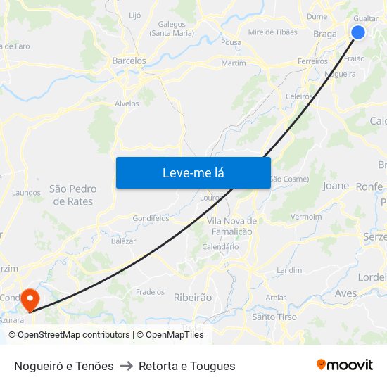 Nogueiró e Tenões to Retorta e Tougues map