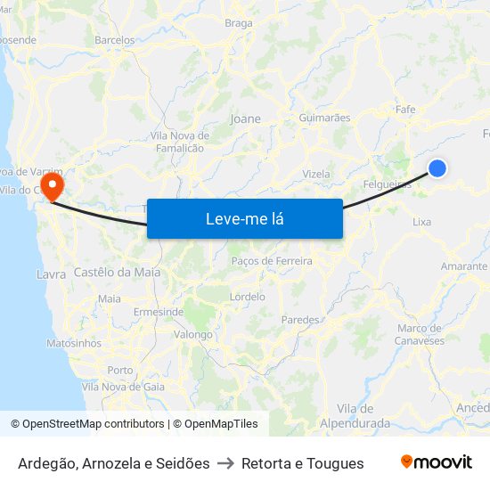 Ardegão, Arnozela e Seidões to Retorta e Tougues map