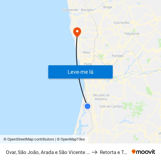 Ovar, São João, Arada e São Vicente de Pereira Jusã to Retorta e Tougues map