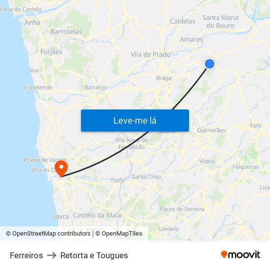 Ferreiros to Retorta e Tougues map