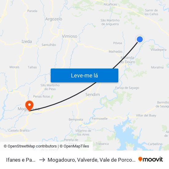 Ifanes e Paradela to Mogadouro, Valverde, Vale de Porco e Vilar de Rei map