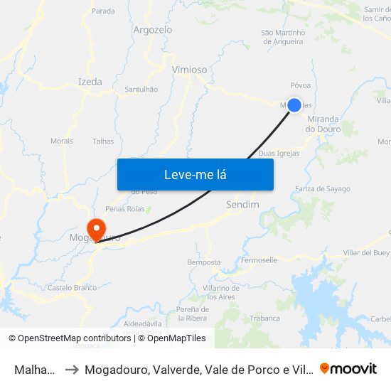 Malhadas to Mogadouro, Valverde, Vale de Porco e Vilar de Rei map