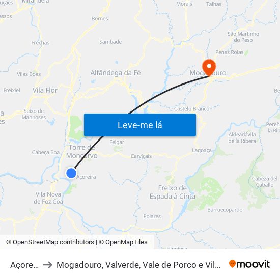 Açoreira to Mogadouro, Valverde, Vale de Porco e Vilar de Rei map