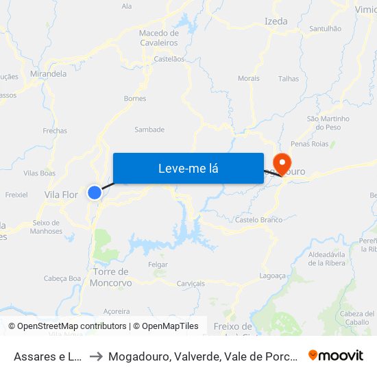 Assares e Lodões to Mogadouro, Valverde, Vale de Porco e Vilar de Rei map