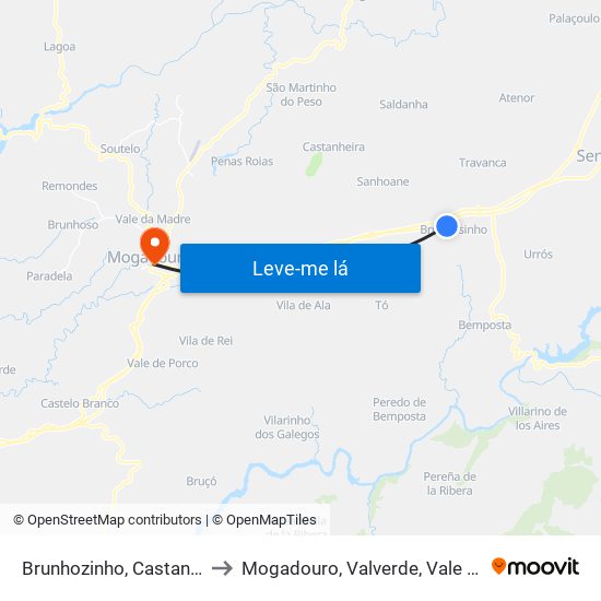 Brunhozinho, Castanheira e Sanhoane to Mogadouro, Valverde, Vale de Porco e Vilar de Rei map