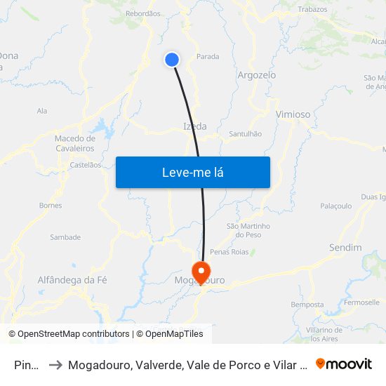 Pinela to Mogadouro, Valverde, Vale de Porco e Vilar de Rei map