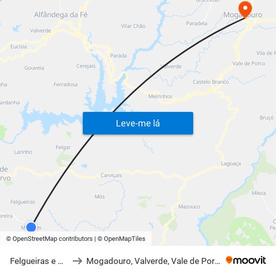 Felgueiras e Maçores to Mogadouro, Valverde, Vale de Porco e Vilar de Rei map