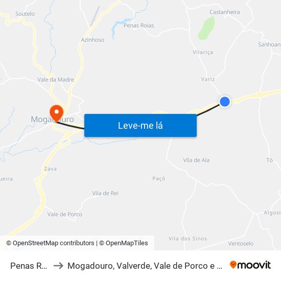 Penas Roias to Mogadouro, Valverde, Vale de Porco e Vilar de Rei map