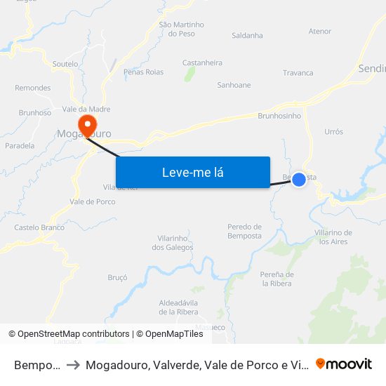 Bemposta to Mogadouro, Valverde, Vale de Porco e Vilar de Rei map