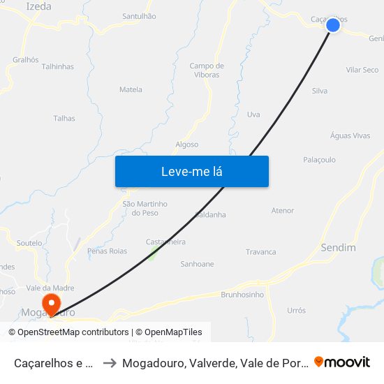 Caçarelhos e Angueira to Mogadouro, Valverde, Vale de Porco e Vilar de Rei map