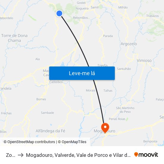 Zoio to Mogadouro, Valverde, Vale de Porco e Vilar de Rei map