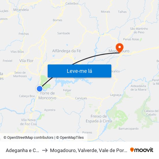 Adeganha e Cardanha to Mogadouro, Valverde, Vale de Porco e Vilar de Rei map