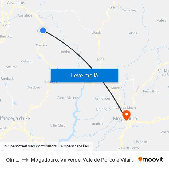 Olmos to Mogadouro, Valverde, Vale de Porco e Vilar de Rei map