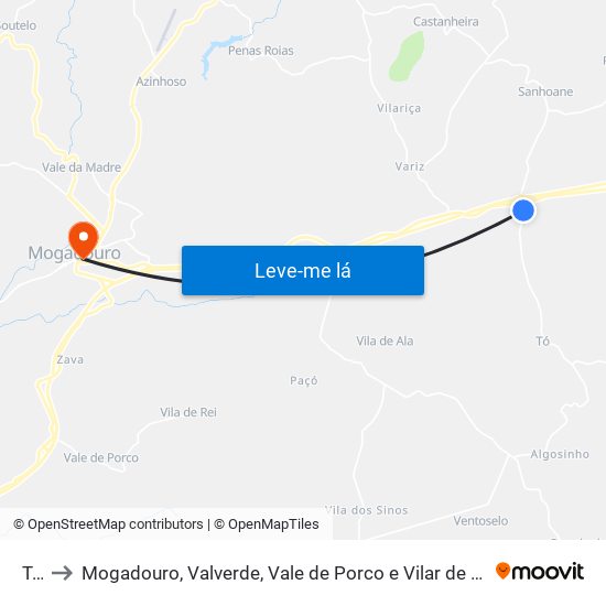 Tó to Mogadouro, Valverde, Vale de Porco e Vilar de Rei map