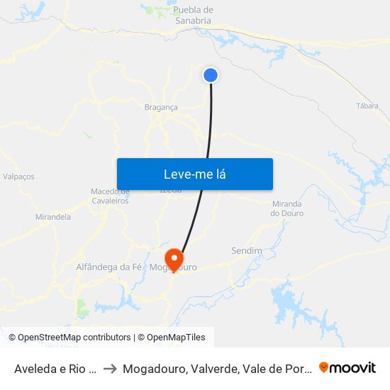 Aveleda e Rio de Onor to Mogadouro, Valverde, Vale de Porco e Vilar de Rei map