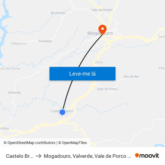 Castelo Branco to Mogadouro, Valverde, Vale de Porco e Vilar de Rei map