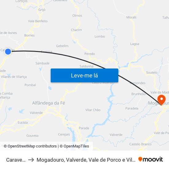 Caravelas to Mogadouro, Valverde, Vale de Porco e Vilar de Rei map