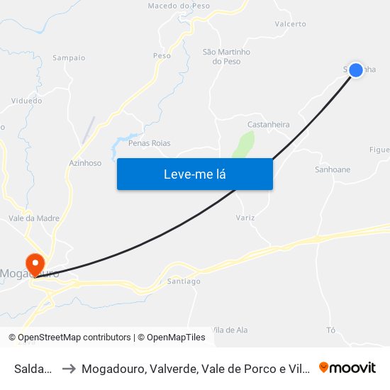 Saldanha to Mogadouro, Valverde, Vale de Porco e Vilar de Rei map