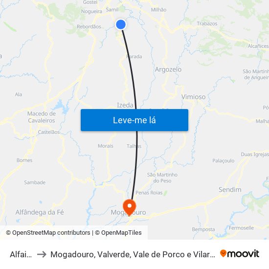 Alfaião to Mogadouro, Valverde, Vale de Porco e Vilar de Rei map