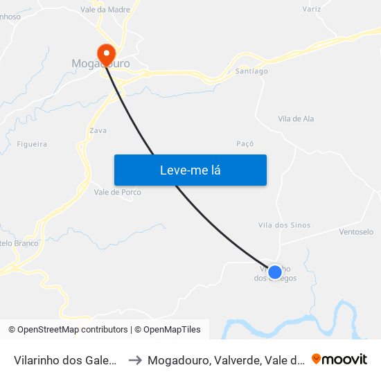 Vilarinho dos Galegos e Ventozelo to Mogadouro, Valverde, Vale de Porco e Vilar de Rei map