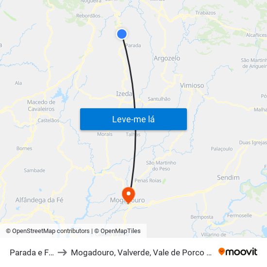 Parada e Faílde to Mogadouro, Valverde, Vale de Porco e Vilar de Rei map