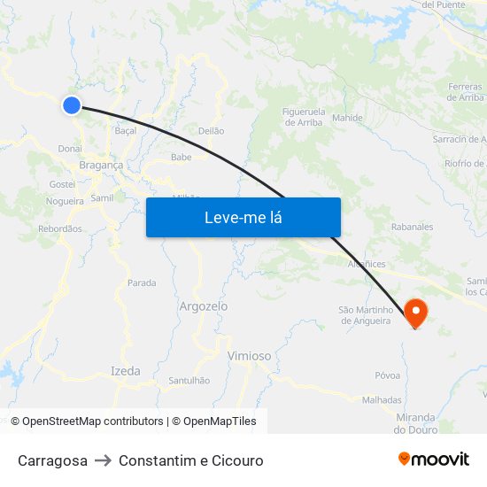 Carragosa to Constantim e Cicouro map