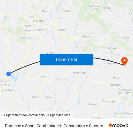 Podence e Santa Combinha to Constantim e Cicouro map