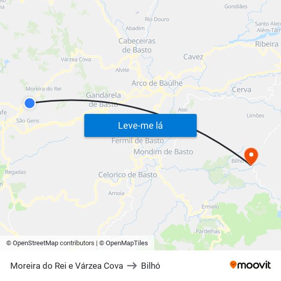 Moreira do Rei e Várzea Cova to Bilhó map