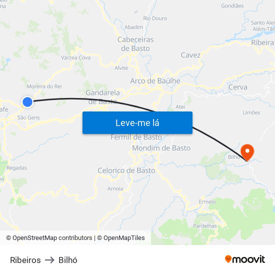 Ribeiros to Bilhó map