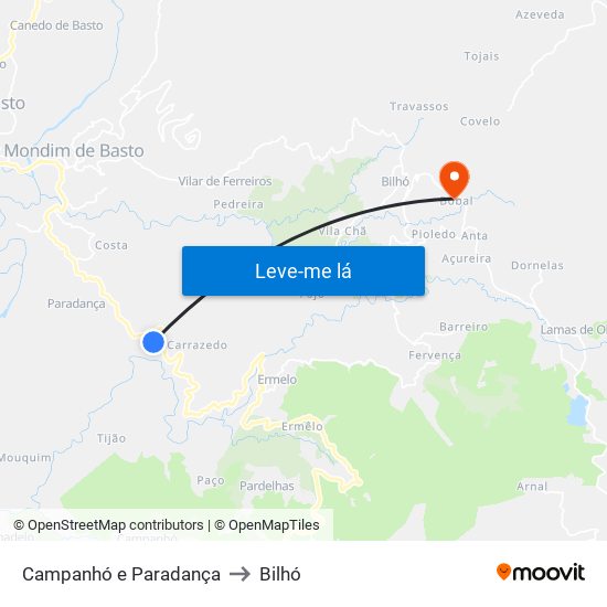 Campanhó e Paradança to Bilhó map