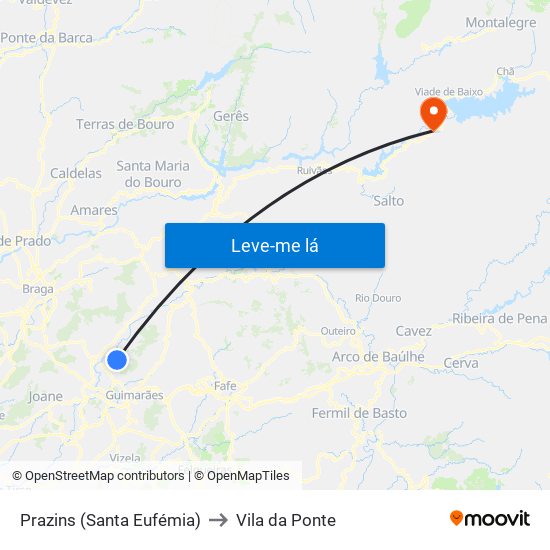Prazins (Santa Eufémia) to Vila da Ponte map