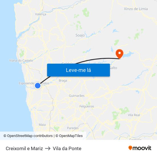 Creixomil e Mariz to Vila da Ponte map