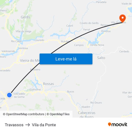 Travassos to Vila da Ponte map