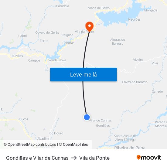 Gondiães e Vilar de Cunhas to Vila da Ponte map