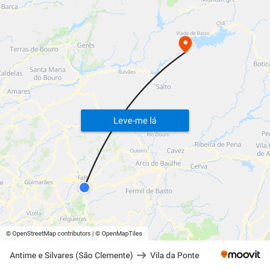 Antime e Silvares (São Clemente) to Vila da Ponte map