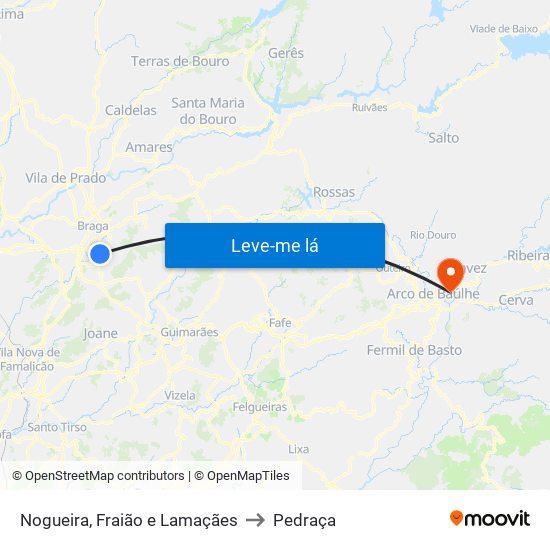 Nogueira, Fraião e Lamaçães to Pedraça map