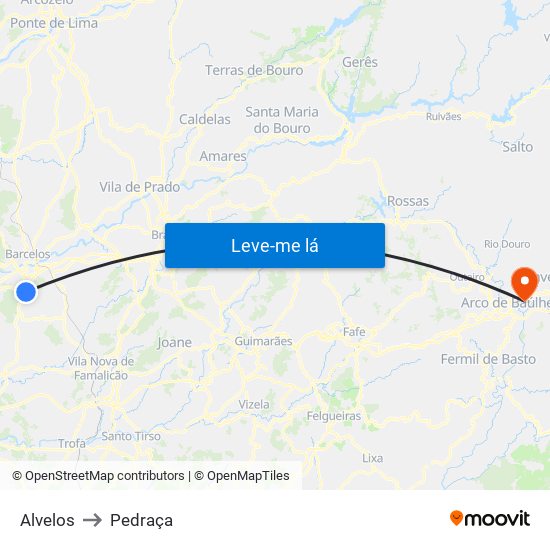 Alvelos to Pedraça map