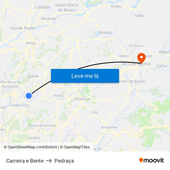 Carreira e Bente to Pedraça map