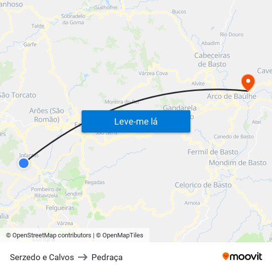 Serzedo e Calvos to Pedraça map