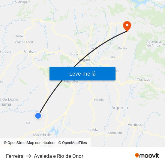 Ferreira to Aveleda e Rio de Onor map