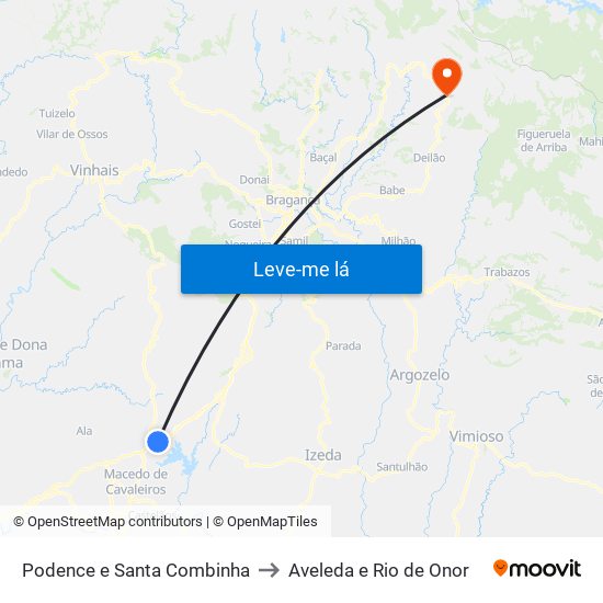 Podence e Santa Combinha to Aveleda e Rio de Onor map