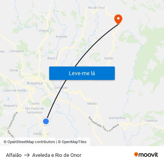 Alfaião to Aveleda e Rio de Onor map