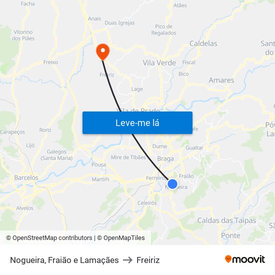 Nogueira, Fraião e Lamaçães to Freiriz map