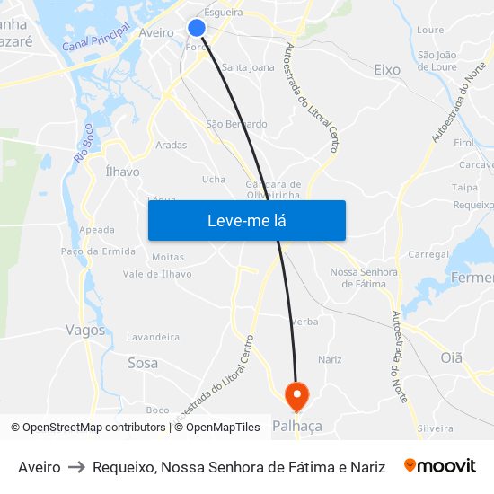 Aveiro to Requeixo, Nossa Senhora de Fátima e Nariz map