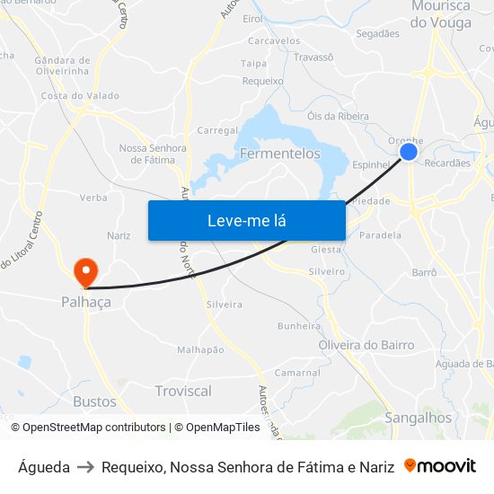 Águeda to Requeixo, Nossa Senhora de Fátima e Nariz map