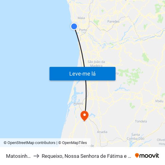 Matosinhos to Requeixo, Nossa Senhora de Fátima e Nariz map