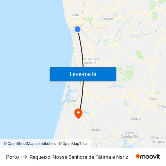 Porto to Requeixo, Nossa Senhora de Fátima e Nariz map